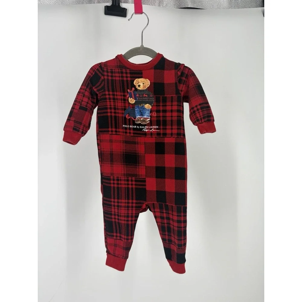 Ralph Lauren Polo Bear Red Plaid Fleece Coverall Sleeper Infant 9 Months
